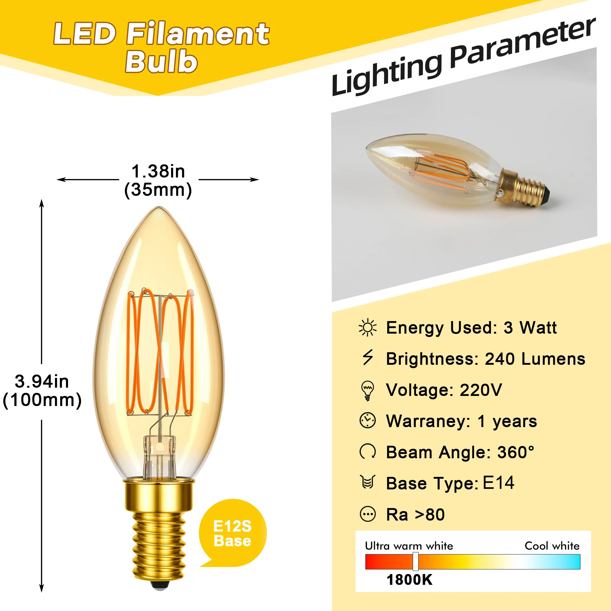 C35 LED Candle Light Bulbs E14 Base 3W Candelabra Spiral Filament Bulb 220V 1800K Amber Warm Retro Edison Glass Replacement Lamp