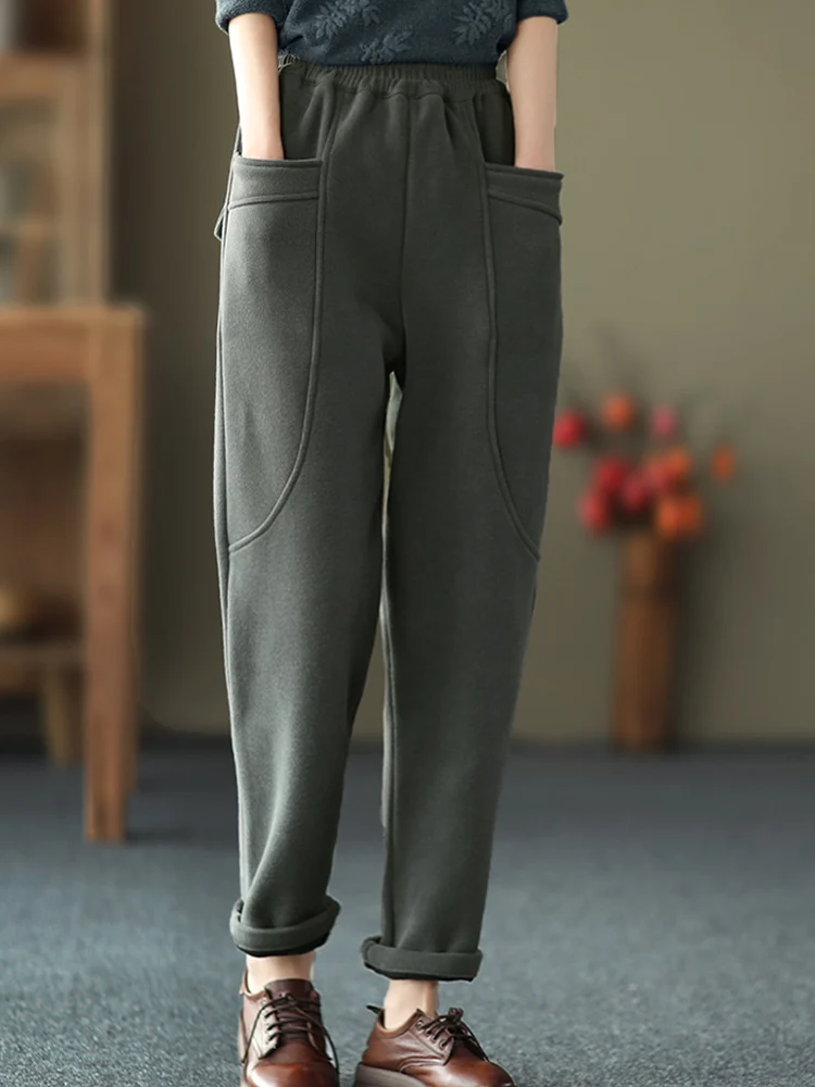 Pantalon de survêtement en coton pour femme, optique d'hiver, chaud, décontracté, grandes poches, sarouel, plus velours, thermique, fjPantalone, nouveau, 2024