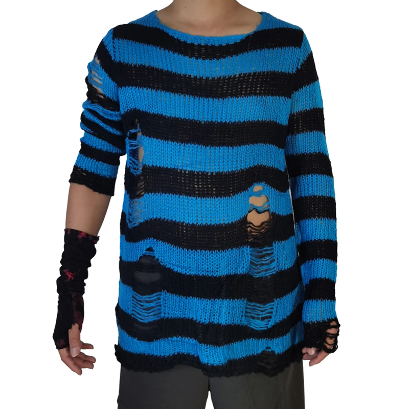 Man Stretch Thin Pullover Broken Sweaters Punk Gothic Cool Male Striped Long Sweater Hollow Out Slit Spring KnitTop Jumpers 2023