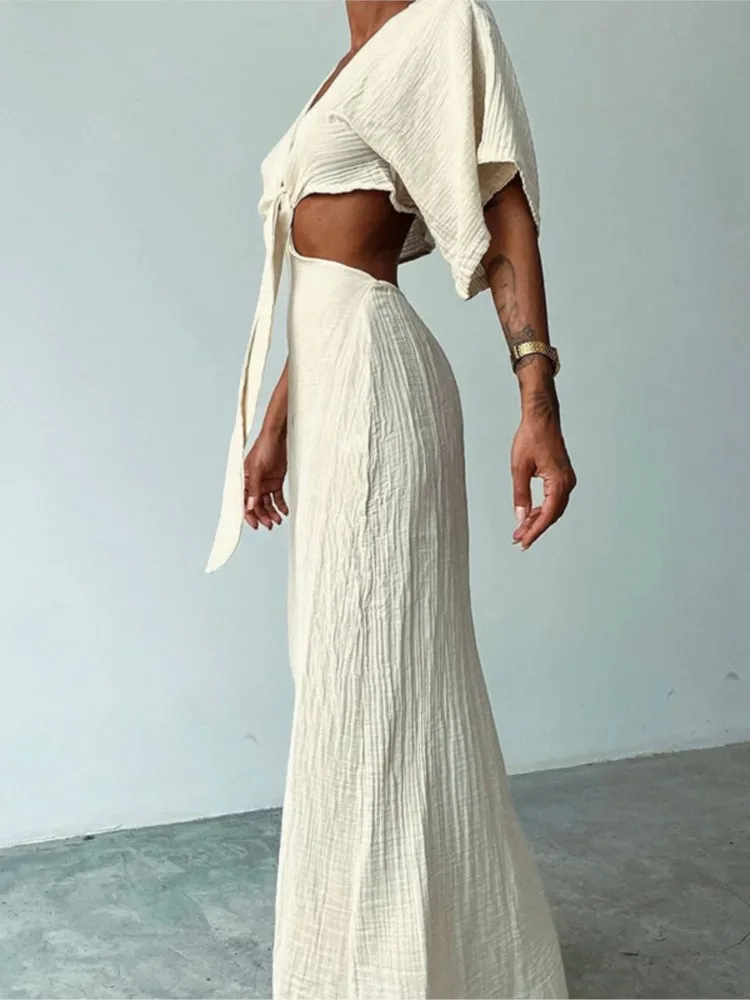 

Lady Sexy Deep V Neck Dress Fashion Short Sleeve Lace-up Hollow Out Package Hip Dresses For Women Holiday Party Womens Clothing