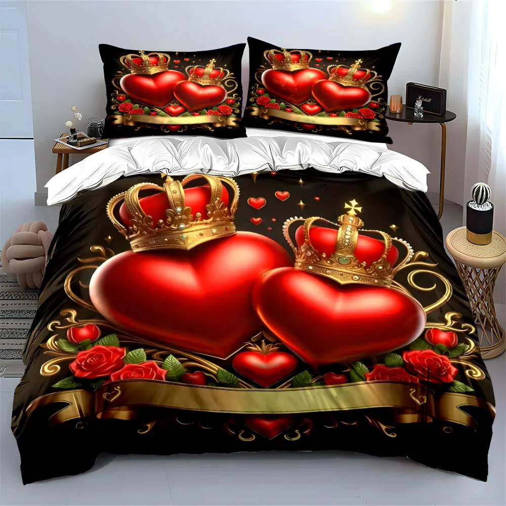 Golden Crown Red Heart Rose Bedding Set, Romantic King Queen Heart Floral Ribbon Print Elegant 3pc For Couple Wedding Bedroom