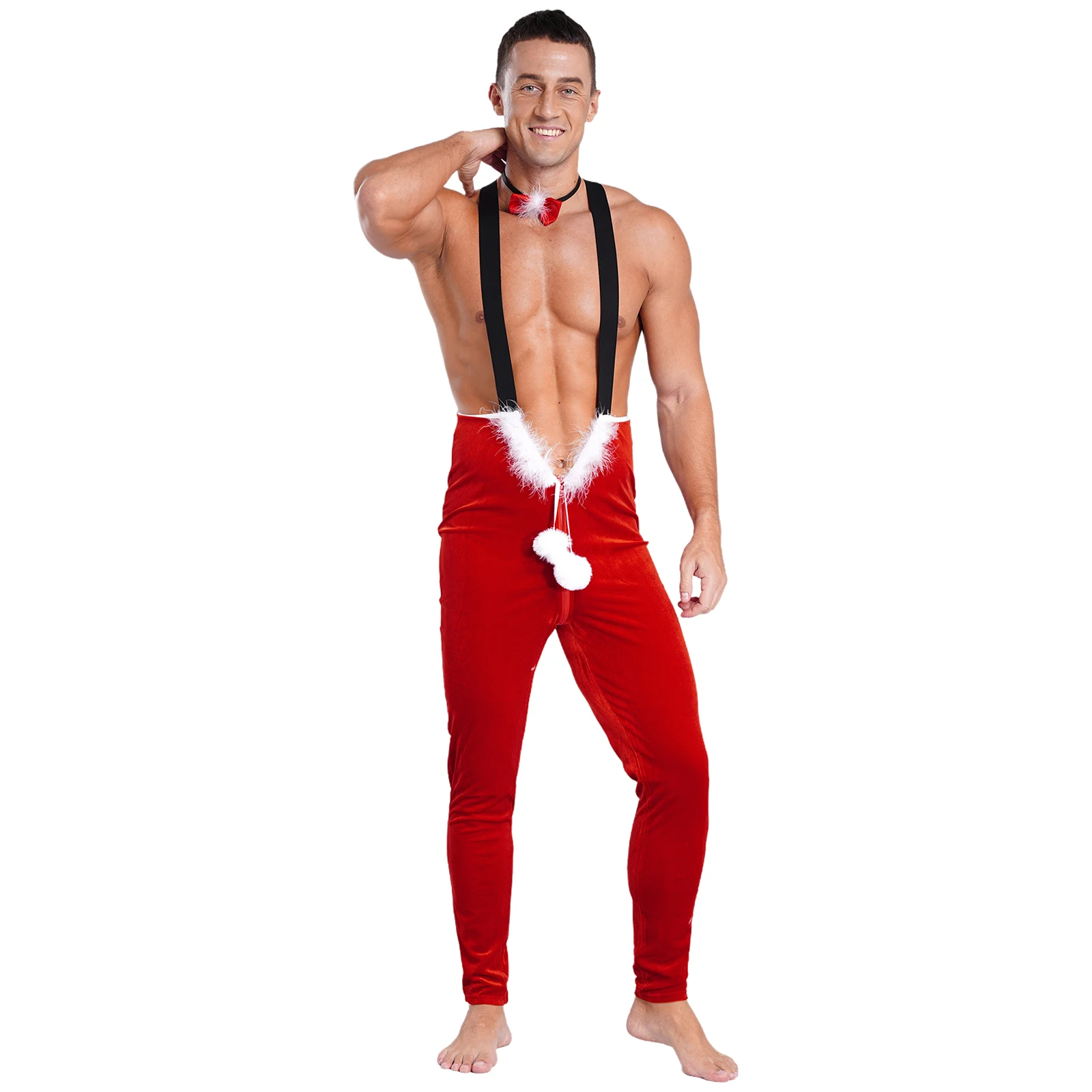 Body rojo de Navidad de terciopelo para hombre, disfraz de Papá Noel, disfraz de Papá Noel, mono con correa elástica y cremallera con lazo