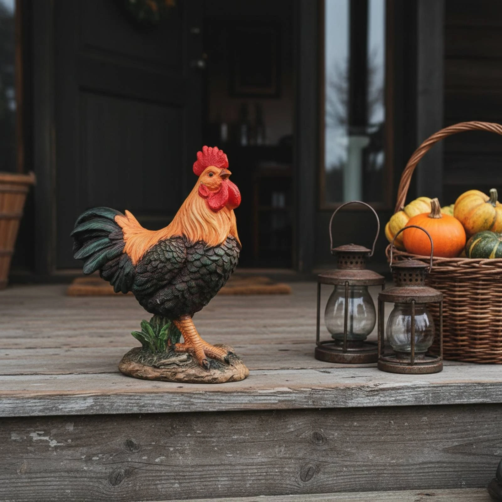 Resin Cockerel Statue Textured Cockerel Garden Figurine Outdoor Decor Molded Base Whimsical Design for Lawn