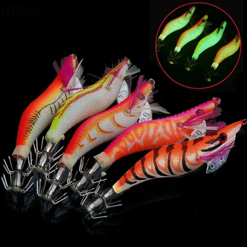 Luminous Bionic Iscas para a pesca de água salgada, Gancho Camarão, Iscas para Camarão, Lula Jigs, De madeira, 8g, 5Pcs