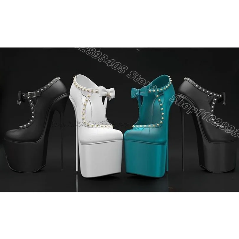 

Rivet Bowknot Decor Platform Pumps Round Toe Fashion Stiletto Heels Ankle Buckle Solid Dress Pumps 2025 Zapatos Para Mujere