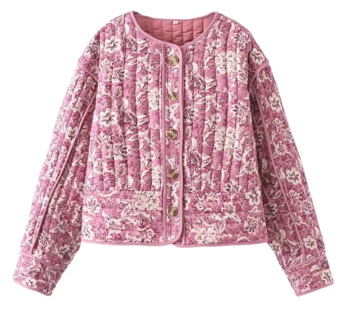 Giacche da donna in cotone stampato floreale rosa cappotti casual monopetto con colletto tondo 2024 capispalla da strada femminile caldo autunno inverno 2024