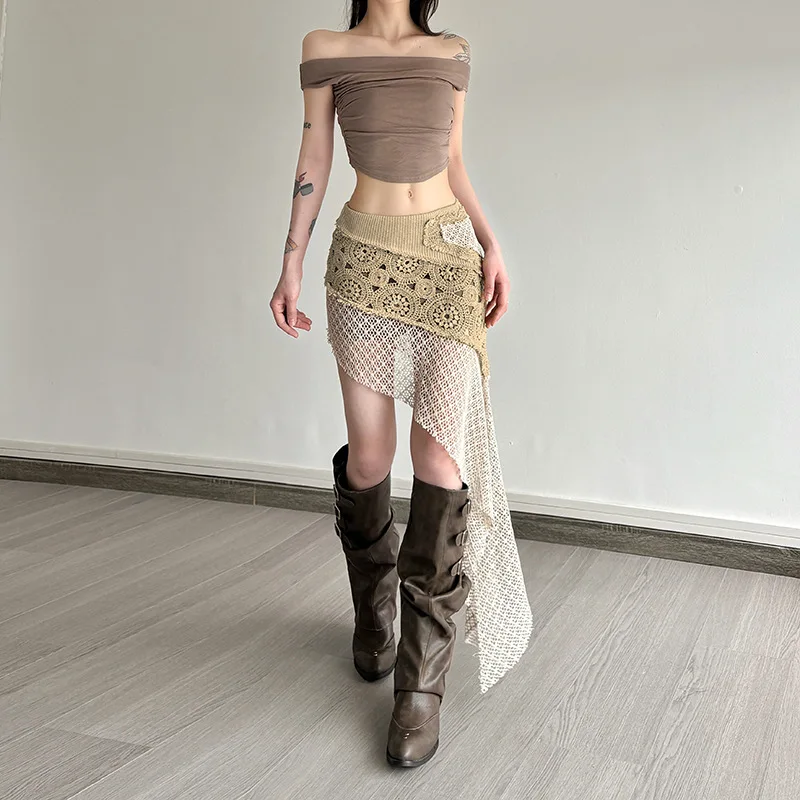 

Асимметричная юбка из разноцветных тканей, уличная одежда, земляные тона, высокая талия, длинные юбки для женщин, летние рейв-наряды