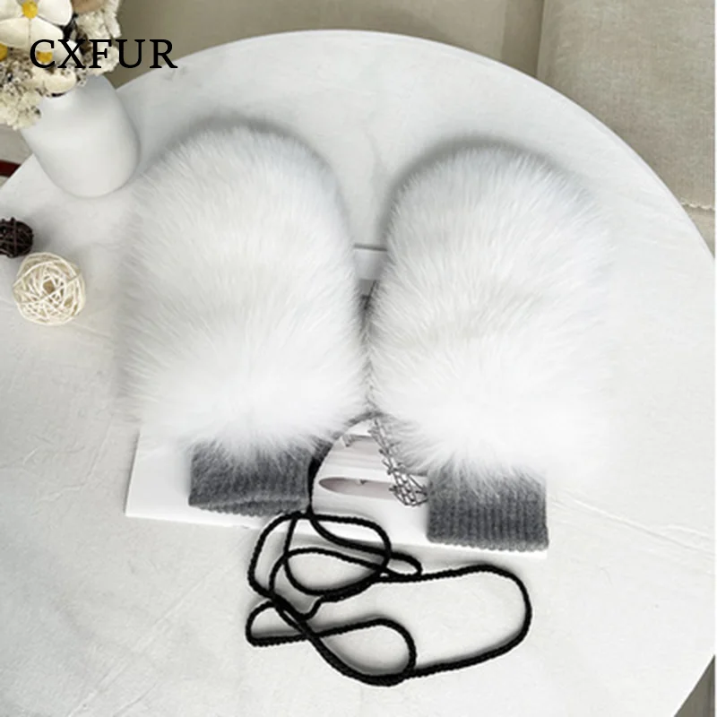 Pure White Luxury Real Fox Fur Decor Knit Women Mittens CX-A-148C