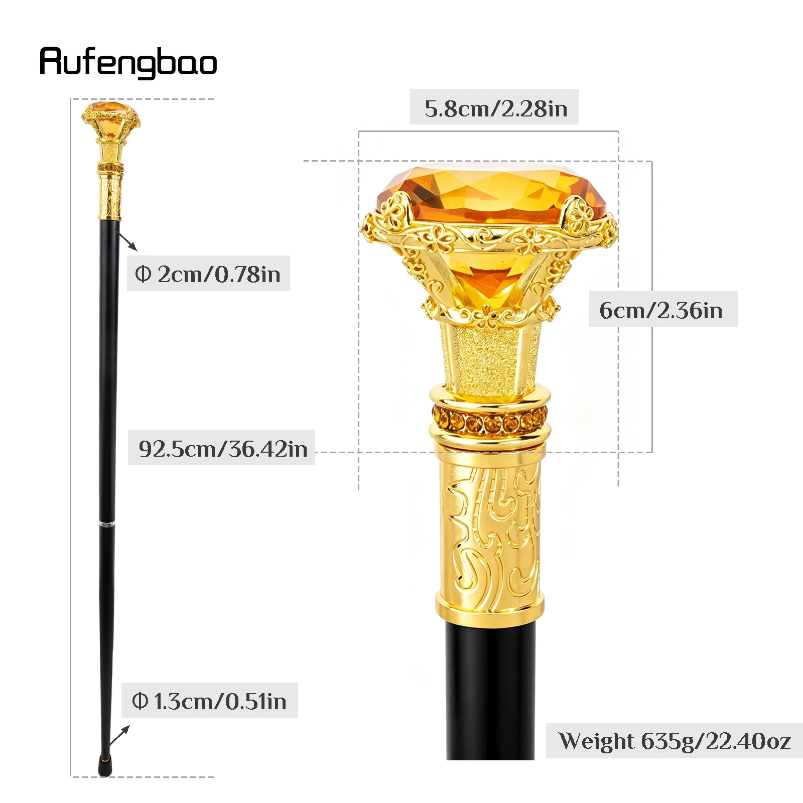 Orange Diamond Type Golden Walking Cane Fashion Decorative Walking Stick Gentleman Elegant Cosplay Cane Knob Crosier 93cm