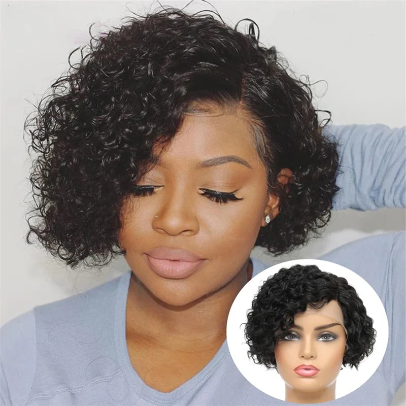 human hair wig short curly human hair wig pixie cut 6inch natural black color 150% density daily use wig 13×1 T part lace