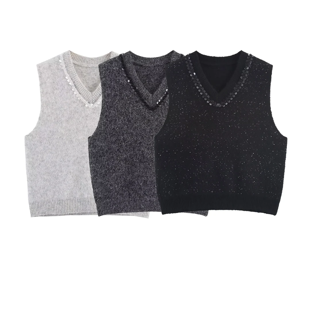 

Topenomi Vintage Spliced Sequin V Neck Knitted Vest Women 2025 Autumn Winter Simple Sleeveless Slim Pullover Fashion Sweater New