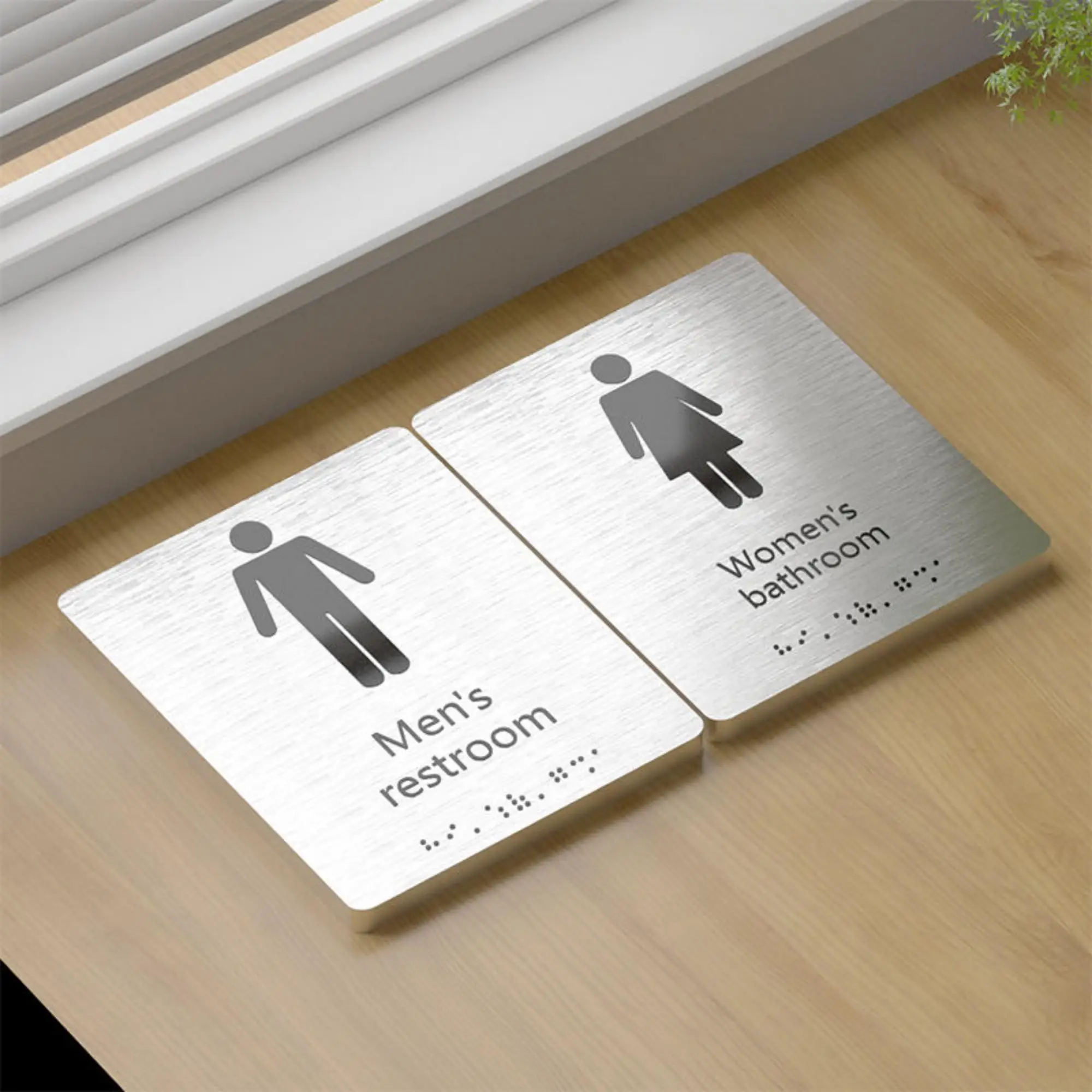 Office Indoor Sign Restroom Directional Signage Brushed Stainless Steel Way Finding Braille Sign