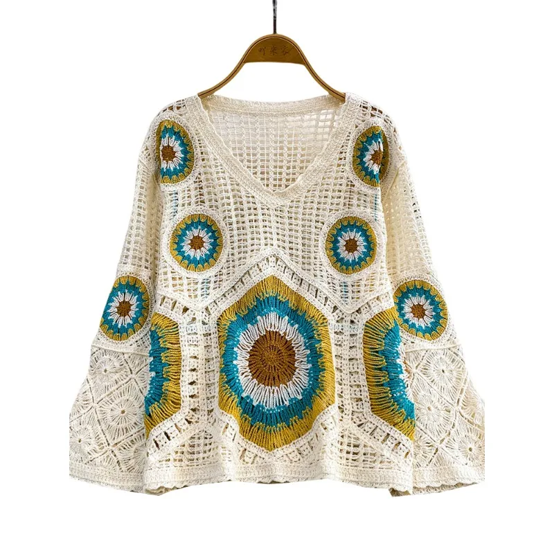 SuperAen Beach Style Hollow-out O-Collo Manica svasata Protezione solare Top lavorato a maglia Allentato 2025 Estate Nuove copricostumi casual