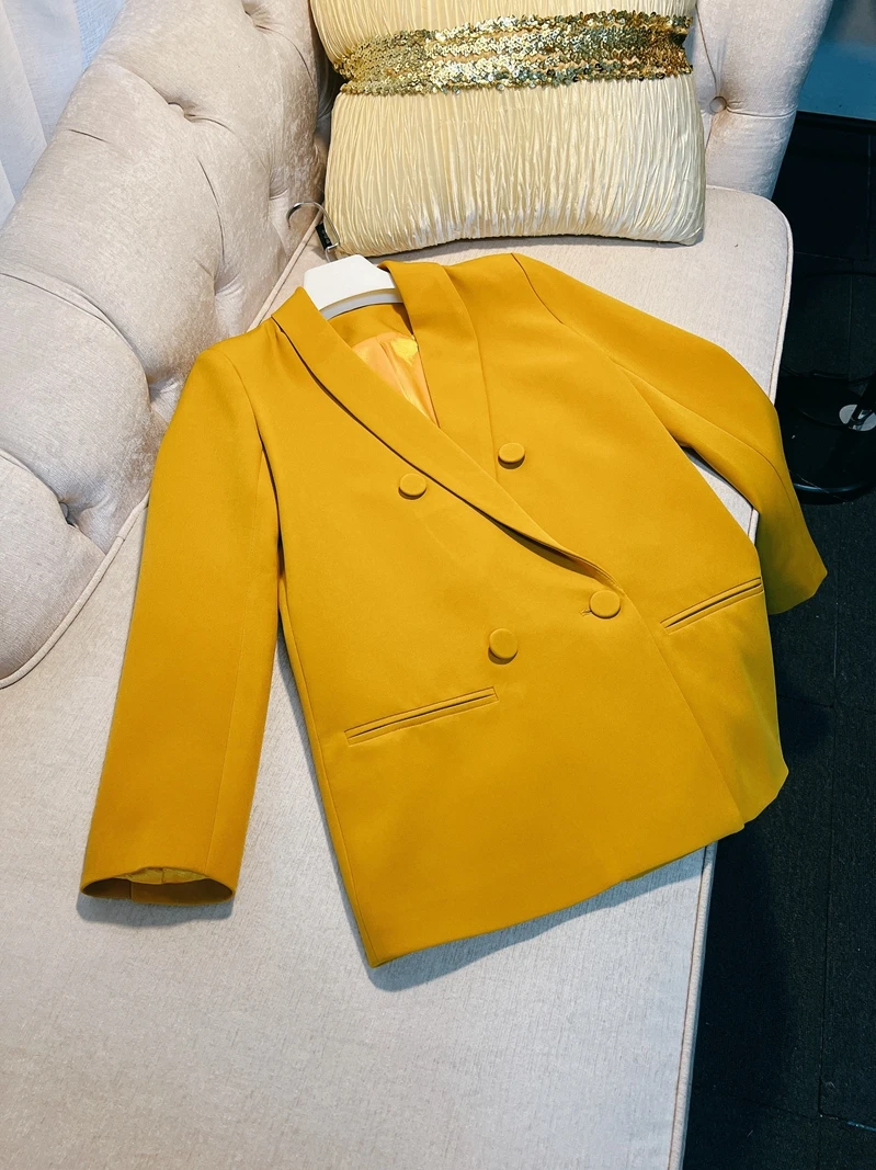 

Ele Желтый атласный женский костюм для отдыха Jaet, высококачественный дизайн, модный двубортный длинный све