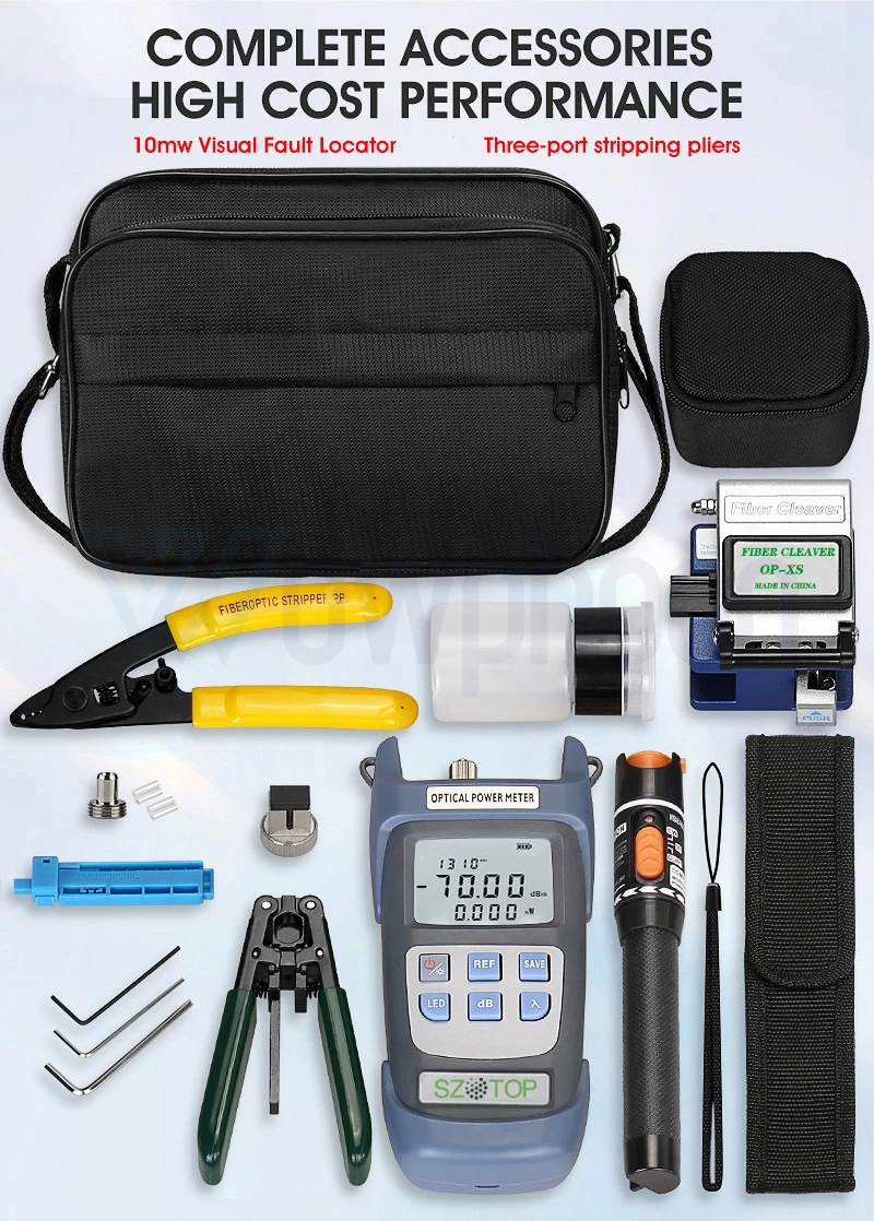 

FTTH Fiber Optic Tool Kit with Optical Power Meter, Visual Fault Locator, Fiber Cleaver, Stripper, Customized, 10mW, 19 PCs/Set