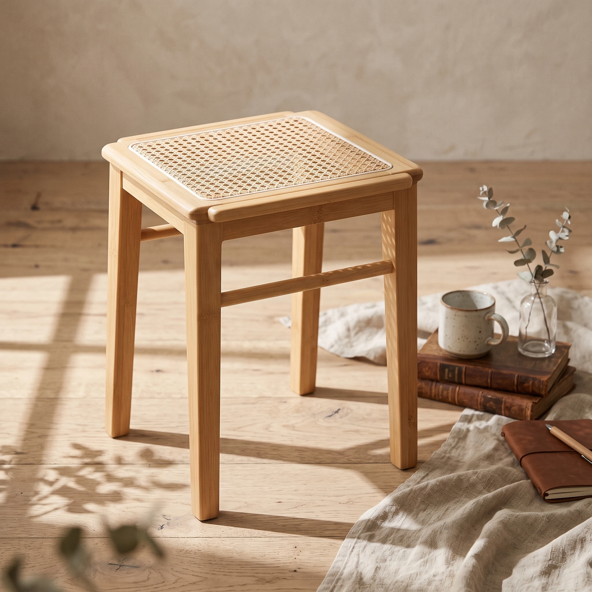 Square Wooden Stool Lightweight Stool with Woven Seat Footrest Portable Furniture Traditional for Vanity, Entryway