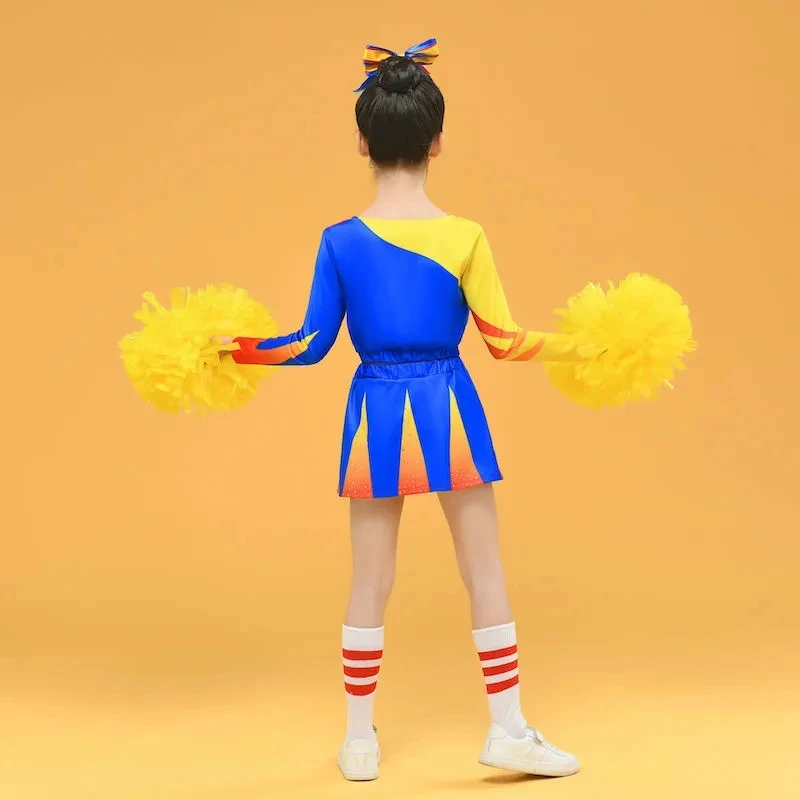 Pompoms And Socks Girls Cheerleading Uniform Flash Drill Dance Costume Long Sleeves Women Cheerleader Outfit Round Neckline