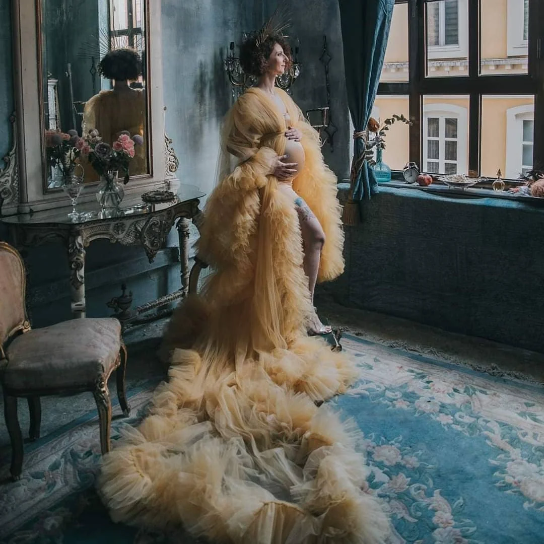 فستان فاخر للنساء الحوامل للحفلات الراقصة لالتقاط الصور بأكمام طويلة رداء الزفاف الصباحي مخصص للحفلات الطويلة #1