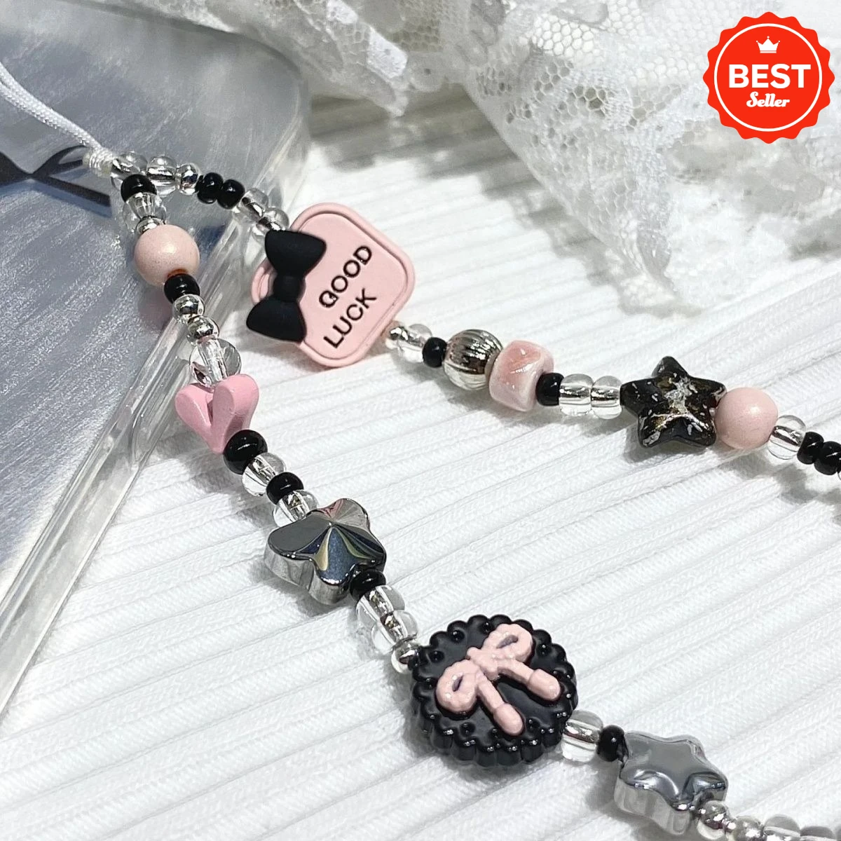 

Ins-style sweet & cool pink-black color Phone DIY Chain Charm Lanyard For iPhone Samsung Camera Universal Pendant Chain