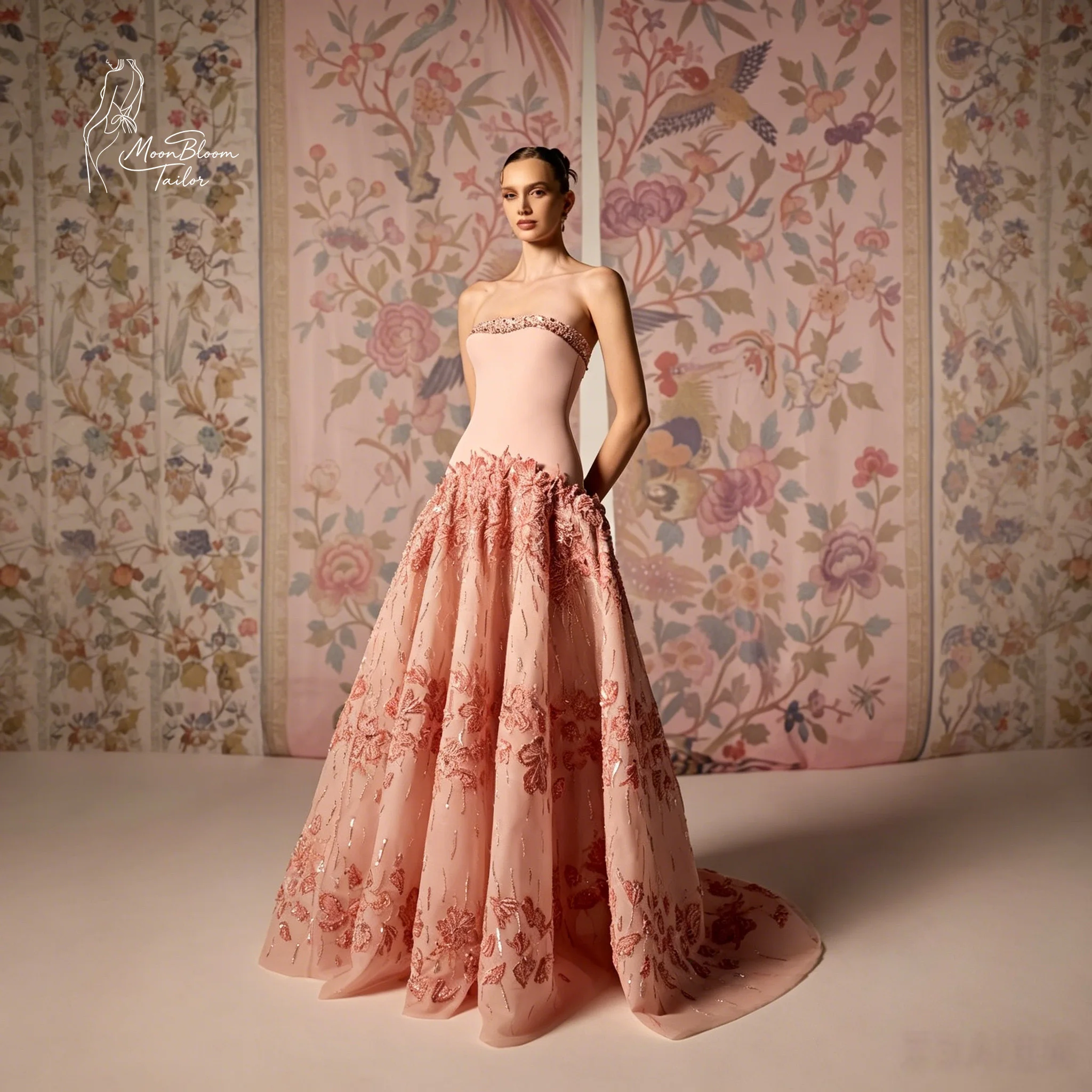 MoonBloom Tailor Blush Pink Strapless Floral Embroidered Satin Ball Gown | Custom Evening/Prom/Wedding Guest Dress