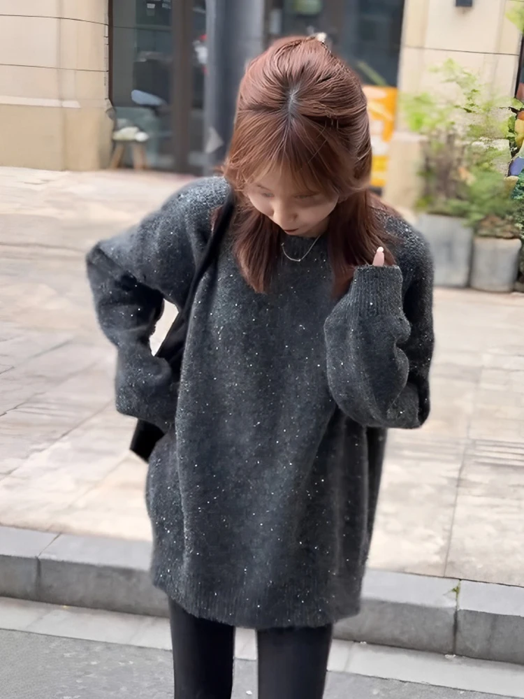 

Laid-back Grey round Neck Sparkling Knitwear Women's Mid-Length Loose Fit Winter Fashion Casual Comfortable Top