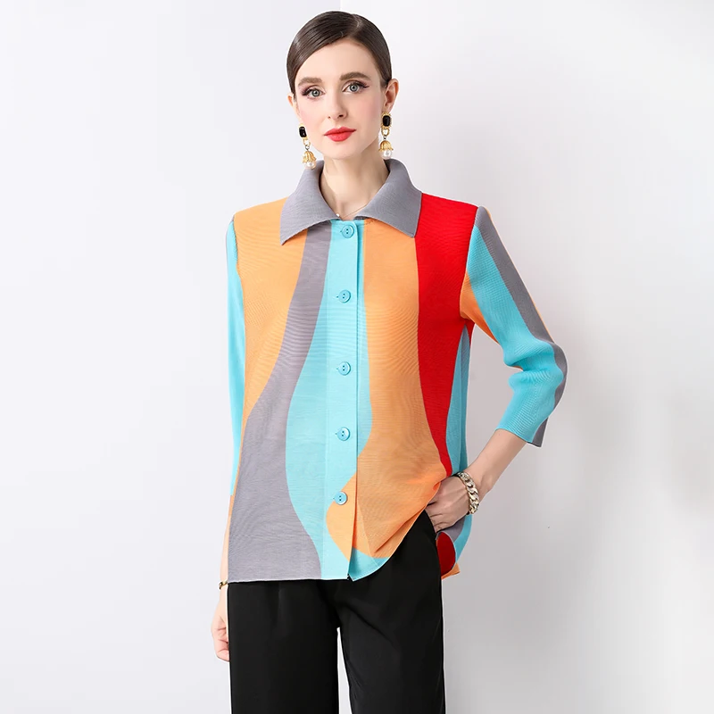 New Miyake Pleated Autumn Lapel Collar Loose Shirt Tops Elegant Women Single Breasted Hit Color Printed Elastic Blouses Tops