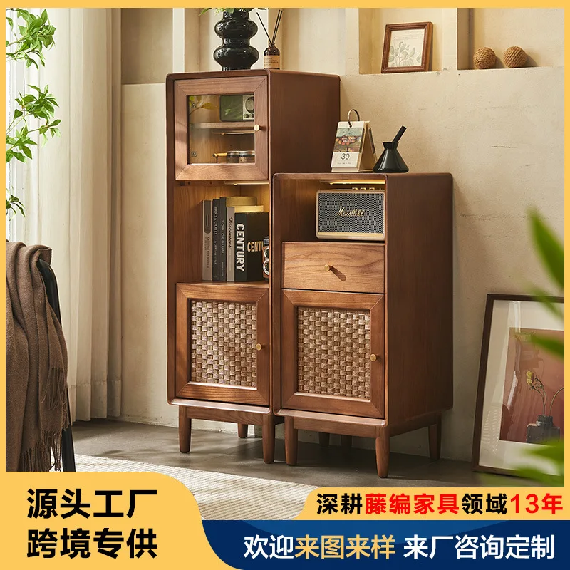

Medieval Rattan Wine Cabinet Living Room Dining Side Cabinet Japanese Locker Display Solid Wood Storage Entrance