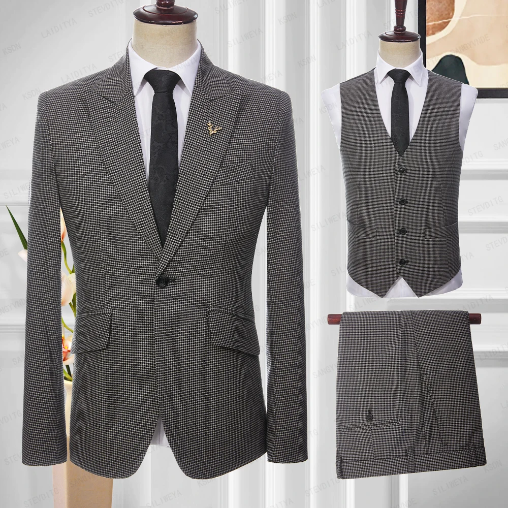 2023 New Costume Homme Popular Men Linen Suits Black White Reto Classic Plaid Groom Slim Fit Tuxedo 3 Pcs Set Jacket Vest Pants