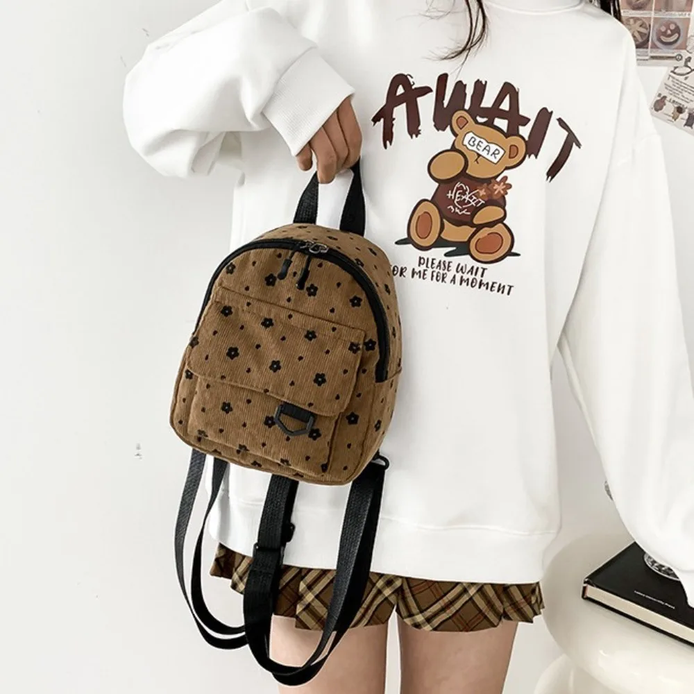 Flower Print Small Backpacks Fashion Mini Corduroy Women Shoulder Bag Multiple Pocket Lightweight Mini Backpack Women