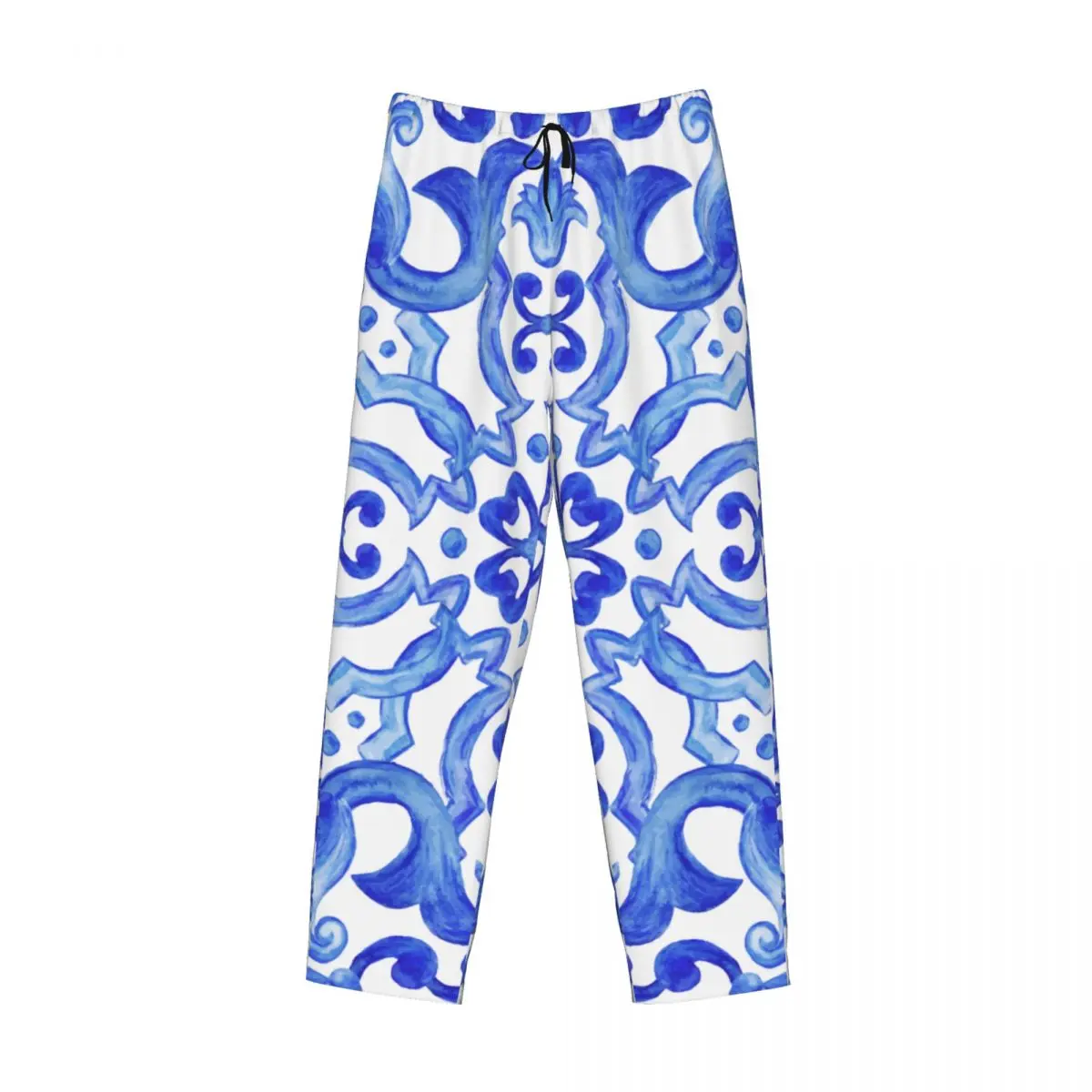 Calças de pijama estampadas personalizadas masculinas, azulejo oriental em tons de pijamas de cor azul índigo, fundo de lounge com bolsos