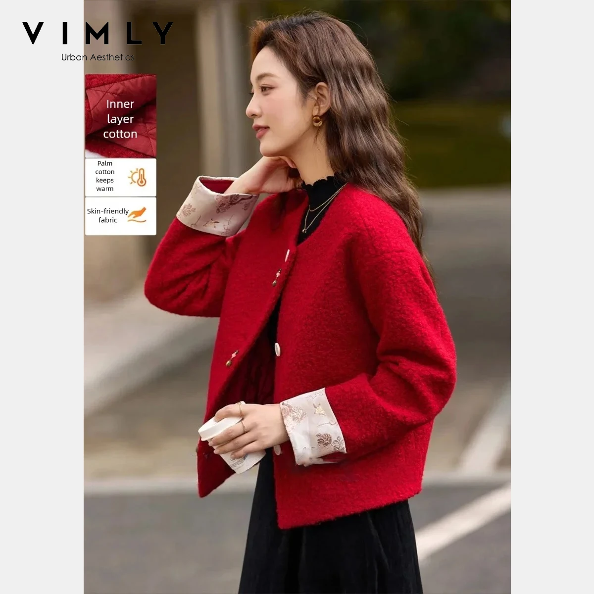 

VIMLY Elegant Women's Coat 2025 Winter New Chinese Style Round Neck Drop Shoulder Sleeve Quilted Jacket Woman Outerwears A2963