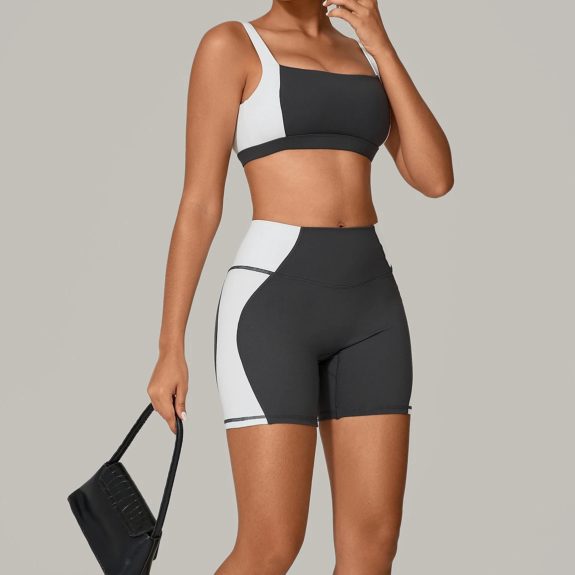 

Комплект для йоги из двух предметов в стиле пэчворк: топ с открытой спиной и шорты с высокой талией, цветные блоки, спортивная одежда для йоги, бега и тренажерного зала