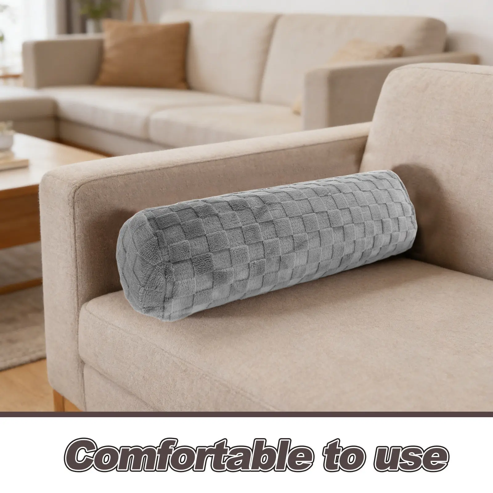 Neck Roll Pillow Cover Soft Flannel Round Cylinder Cushion Cover Grey Zippered Pillowcase for Office Bedroom Sleeping Neck