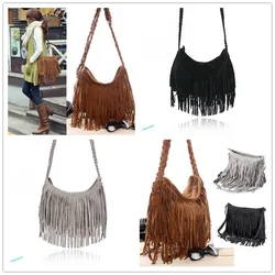 Moda damska torba na ramię solidne frędzle modna torba crossbody Tassel Suede Faux fur Fringe torba kurierska na ramię