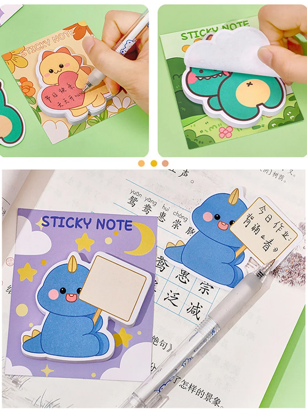 Dinosaur Cartoon Sticky Notes, Memo Notepad, Manual Decorativo Note Pad, Papelaria, 30 Folhas