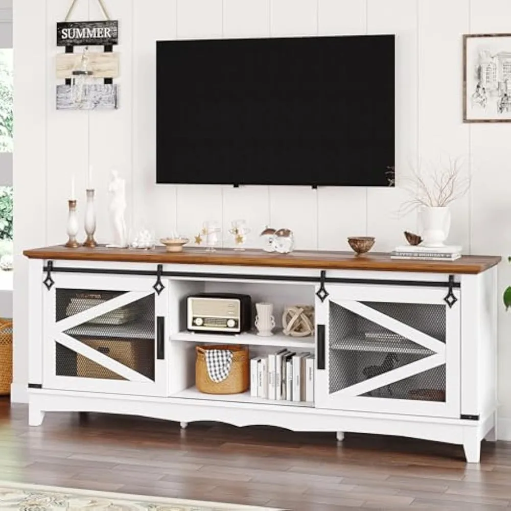 

75 Inch Entertainment Center White TV Console Modern Wood with Sliding Barn Door and Adjustable Shelf for Living Room Bedroom