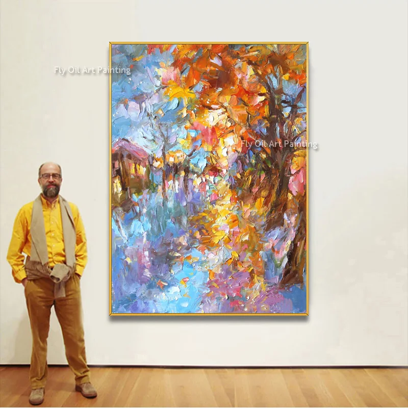 Vertical Hand-Painted Oil Painting, Thick Palette Knife Autumn Rural Path Art, Bright Fall Tree Landscape Canvas Wall Art
