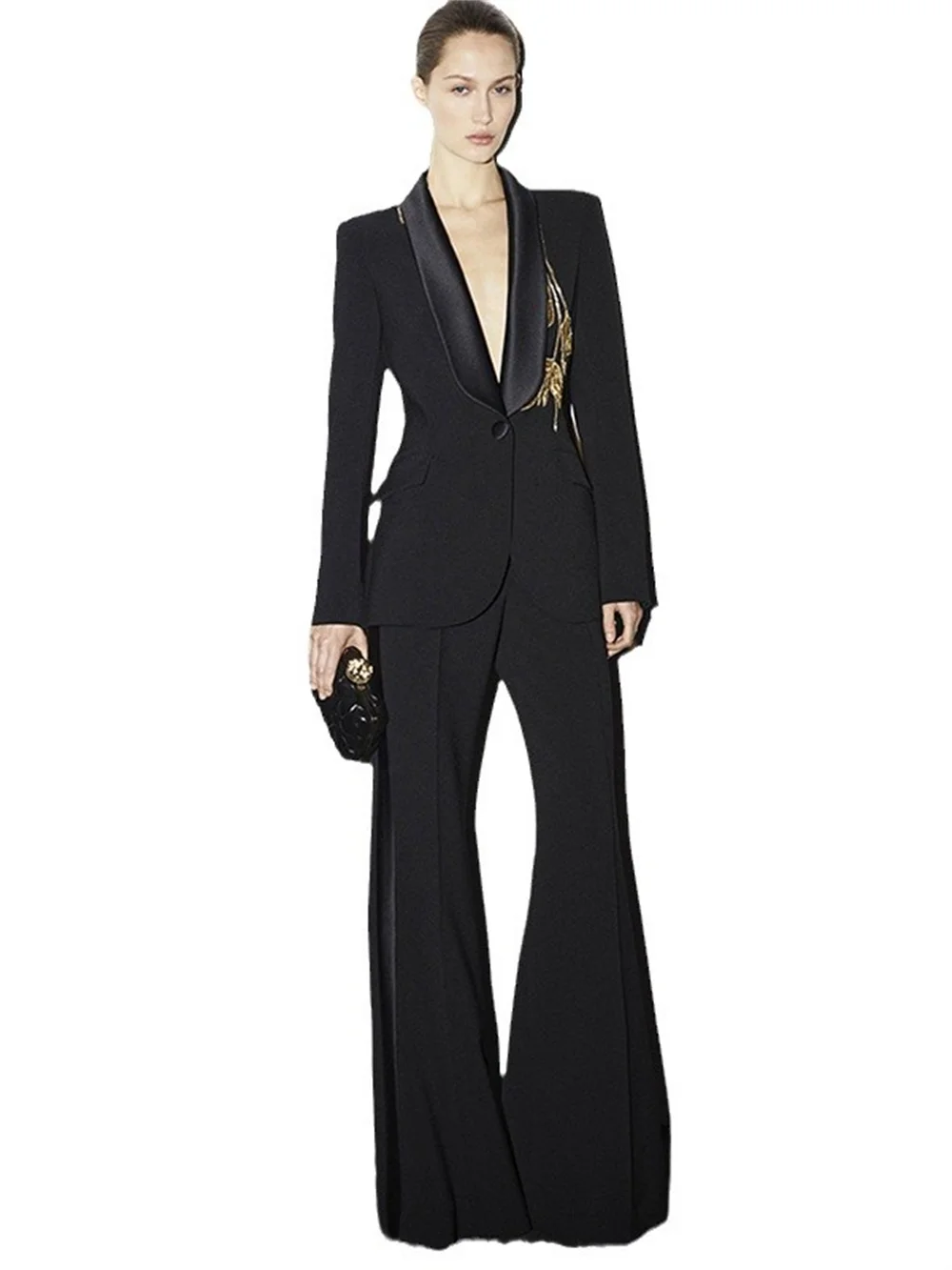 Women\'s Heavy Industry Beading Suit, Elegant One Button, Classic Suit, Flare Pants, Spring, Summer, New, 2Pcs Customized