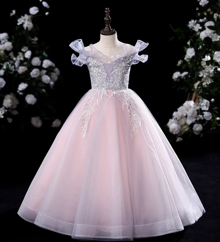 Iridescente rosa Fluffy Flower Girl Dress pizzo ricamato Scoop Wedding Princess Host Performance Zipper gonna abiti da sera