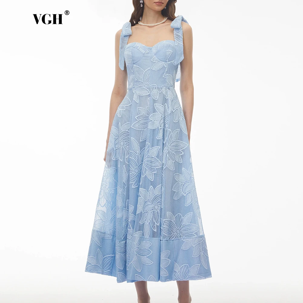 VGH Elegante Hellblaue Blumen-Spitzenkleider für Damen Herzausschnitt Schleifendesign Schlanker Transparenter Stoffrock für Romantische Dates