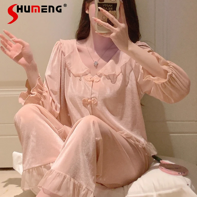 

Женские зимние пижамы в дворцовом стиле, осенне-зимняя утепленная бархатная домашняя одежда с кукольным воротником, женская одежда принцессы с длинными рукавами