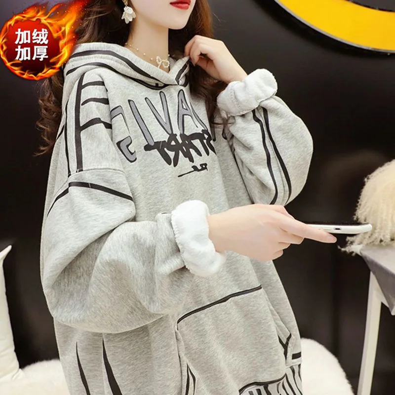 Autumn Winter New Sweatshirts Oversized Women Clothes Casual Korean Printing Loose Fleece Pullover Coat Femme Mid Length Top