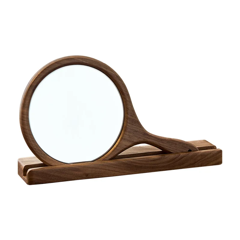 Premium retro walnut handheld mirror with base bracket, wooden makeup mirror, solid wood high definition mirror set