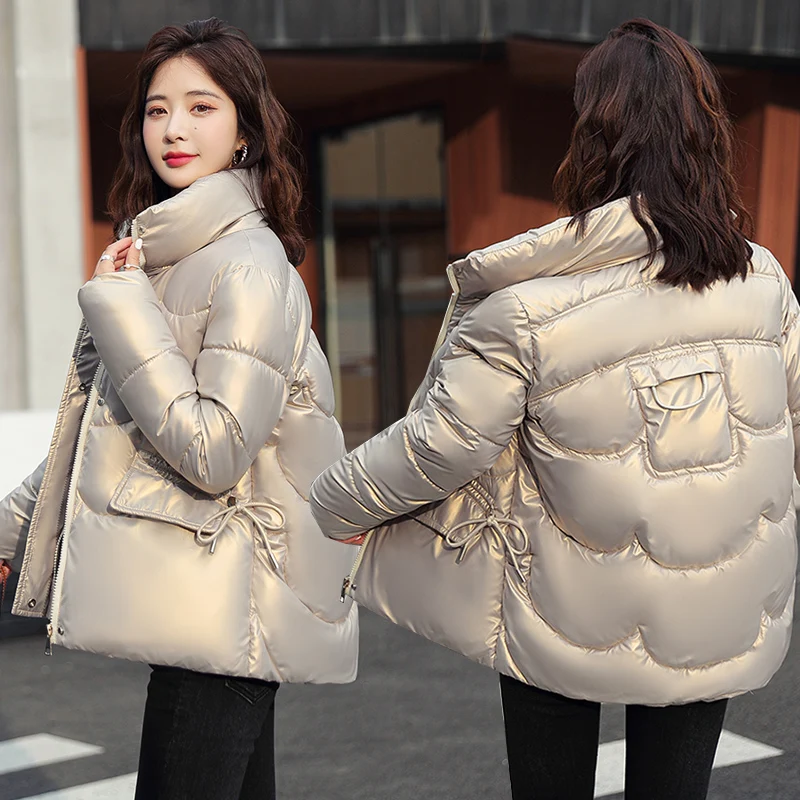 Winter Jacket Parka Women Glossy Coats Overcoat Student Girls Cotton-padded Jacket Female Casual Outerwear Women Clothing bd306