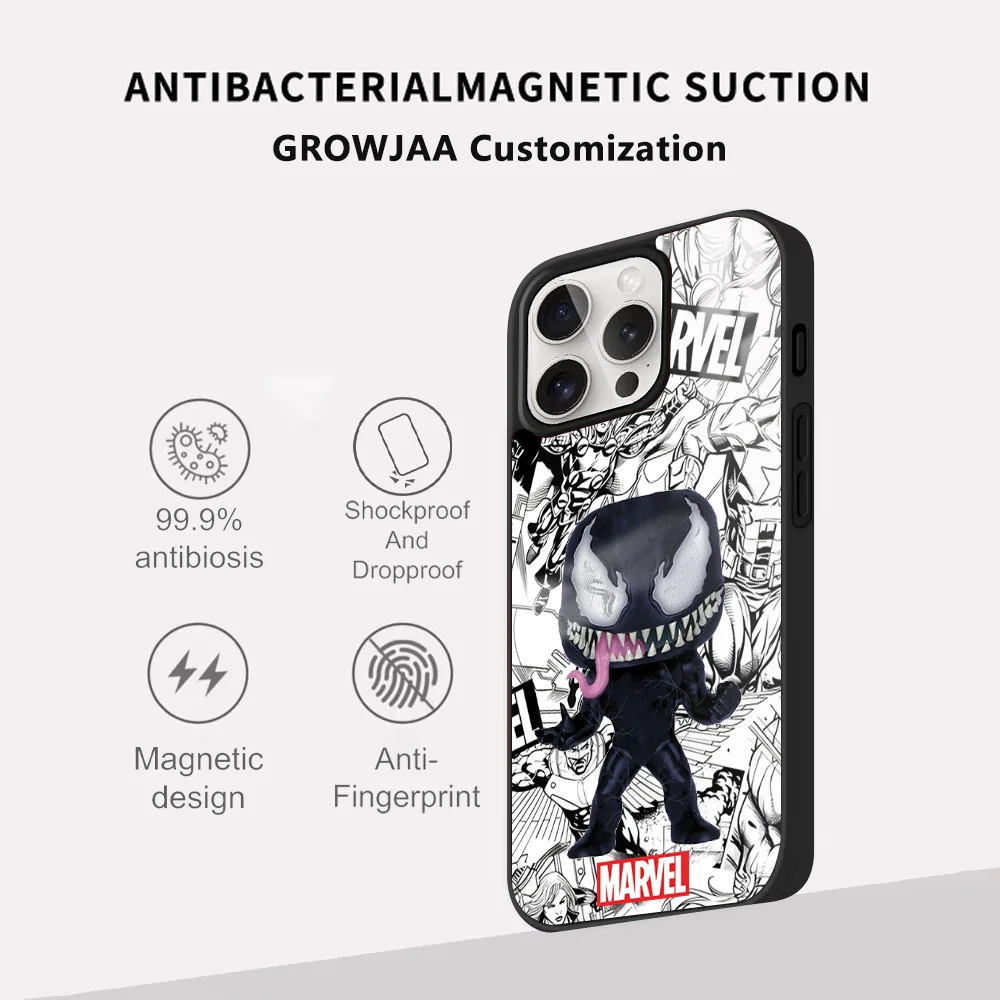 Cartoon  Venom Deadpool Phone Case For iPhone 16 15 14 13 12 11 Pro Max Plus Mini New Magsafe Mirror Wireless Magnetic Fun