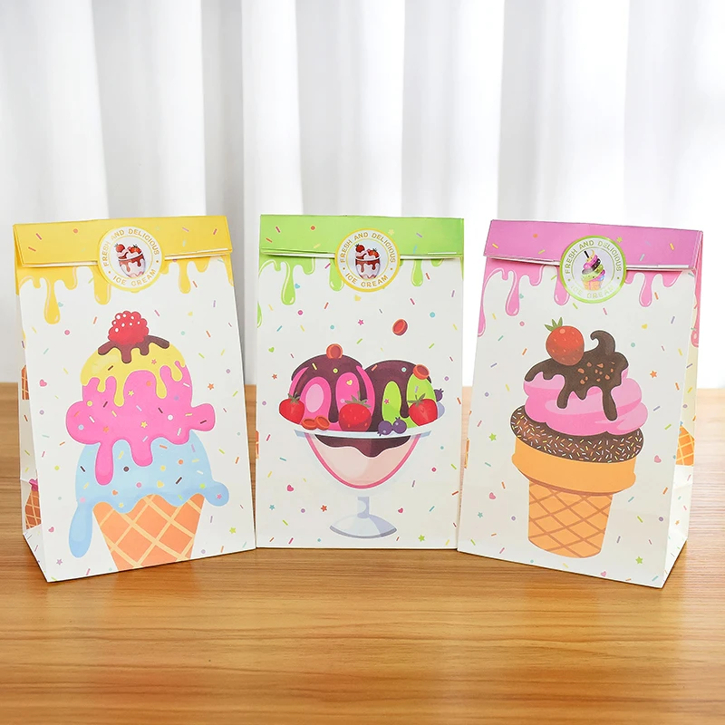 

14pcs Summer Ice Cream Theme Gift Bag Paper Candy Packing Bags With Sticker Wedding Decor Baby Shower Birthday Favor Supplies