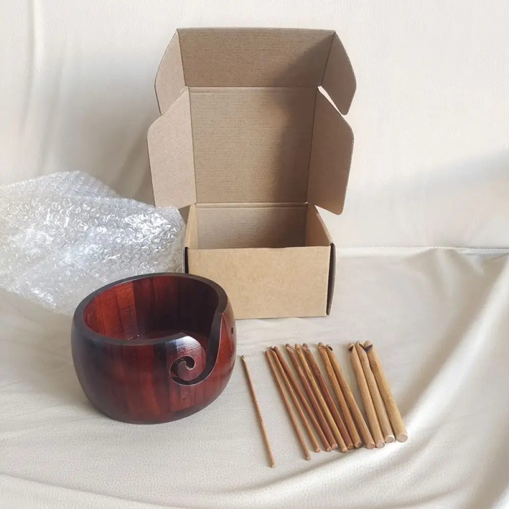 Wooden Yarn Bowl With Lid Knitting Crochet Tool Organizer Handcrafted Teak Wood Storage Holder Sewing Craft Supplies