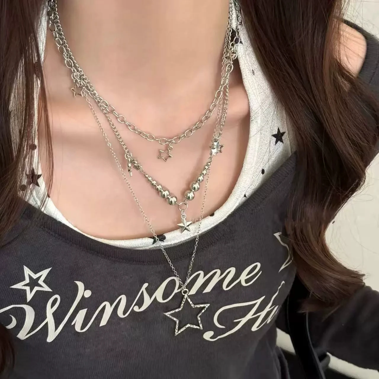 Trendige Y2K Stern-Anhänger Halsketten-Set Vintage Goth Einfache Mehrschichtige Metallketten-Halsketten Damen Charm Statement Schmuck Geschenke