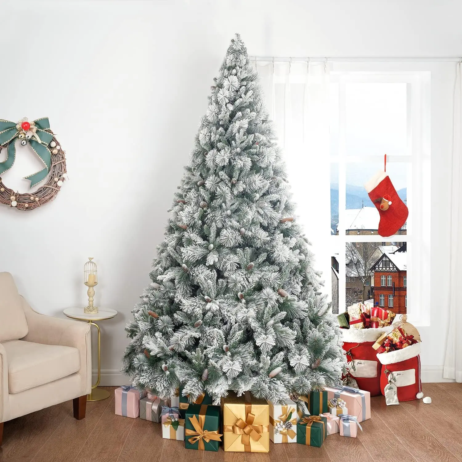 

Frosted Prelit Artificial Christmas Tree with Pine Cones,Foot Pedal, 1556 Branch Tips,750 Warm Lights and Metal Stand