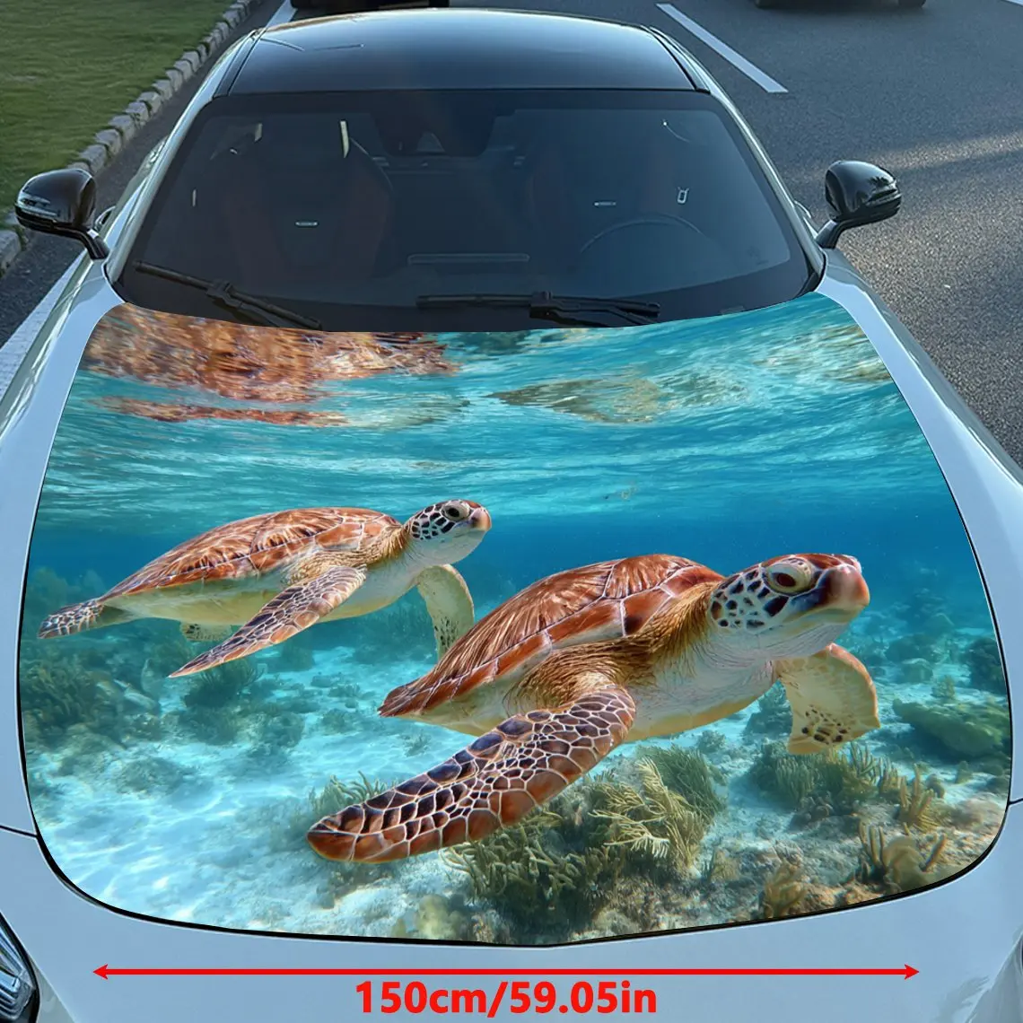 Car Decals Realistic Sea Turtles Gliding in a Crystal - Clear, Lively Underwater Environment Car Hood Sticker, Waterproof Self -